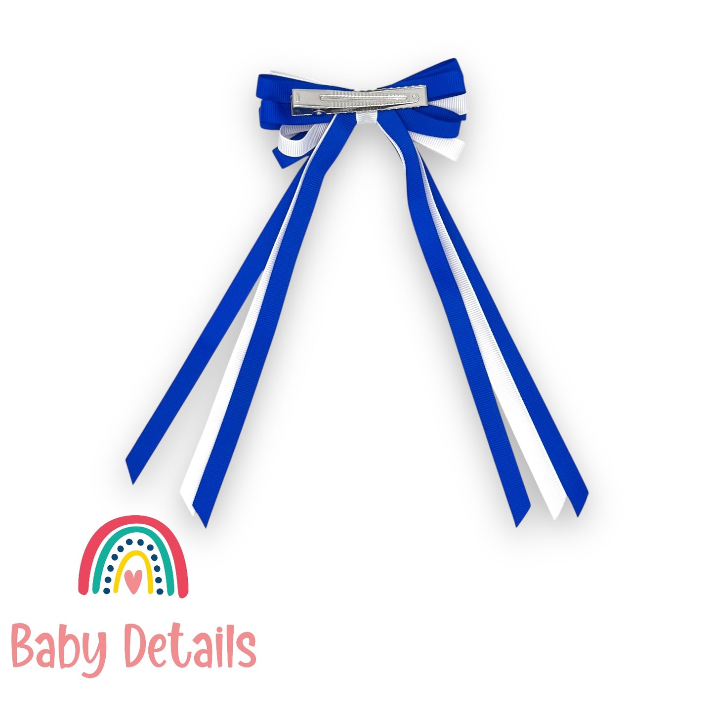 Thin Bow Long Ribbon Hair Clip - Royal Blue & White