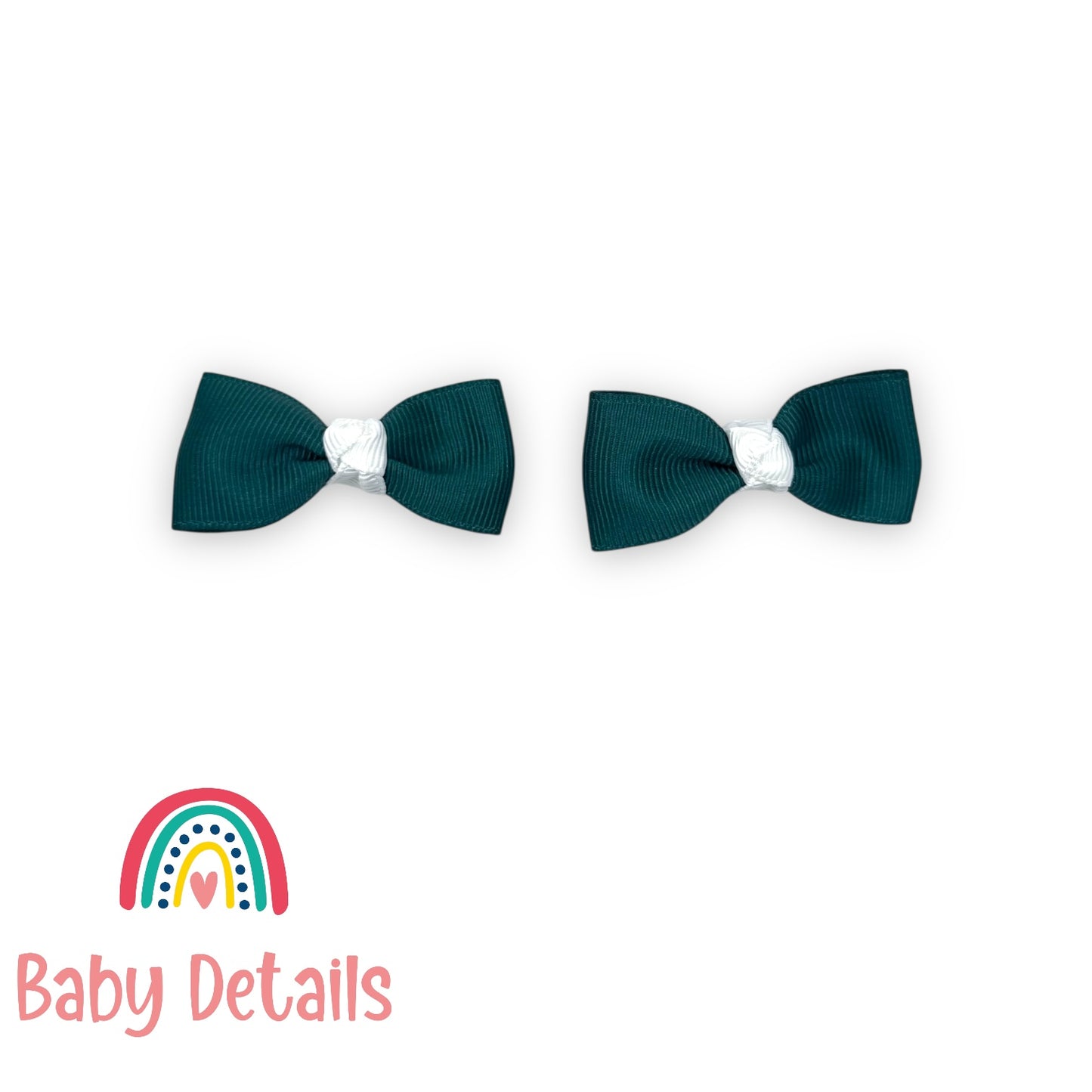Set of 2 Mini Elegant Bow Hair Clips - Deep Green & White