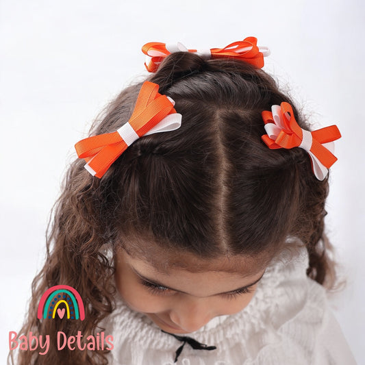 Set of 2 Thin Bow Hair Clips - Orange & White