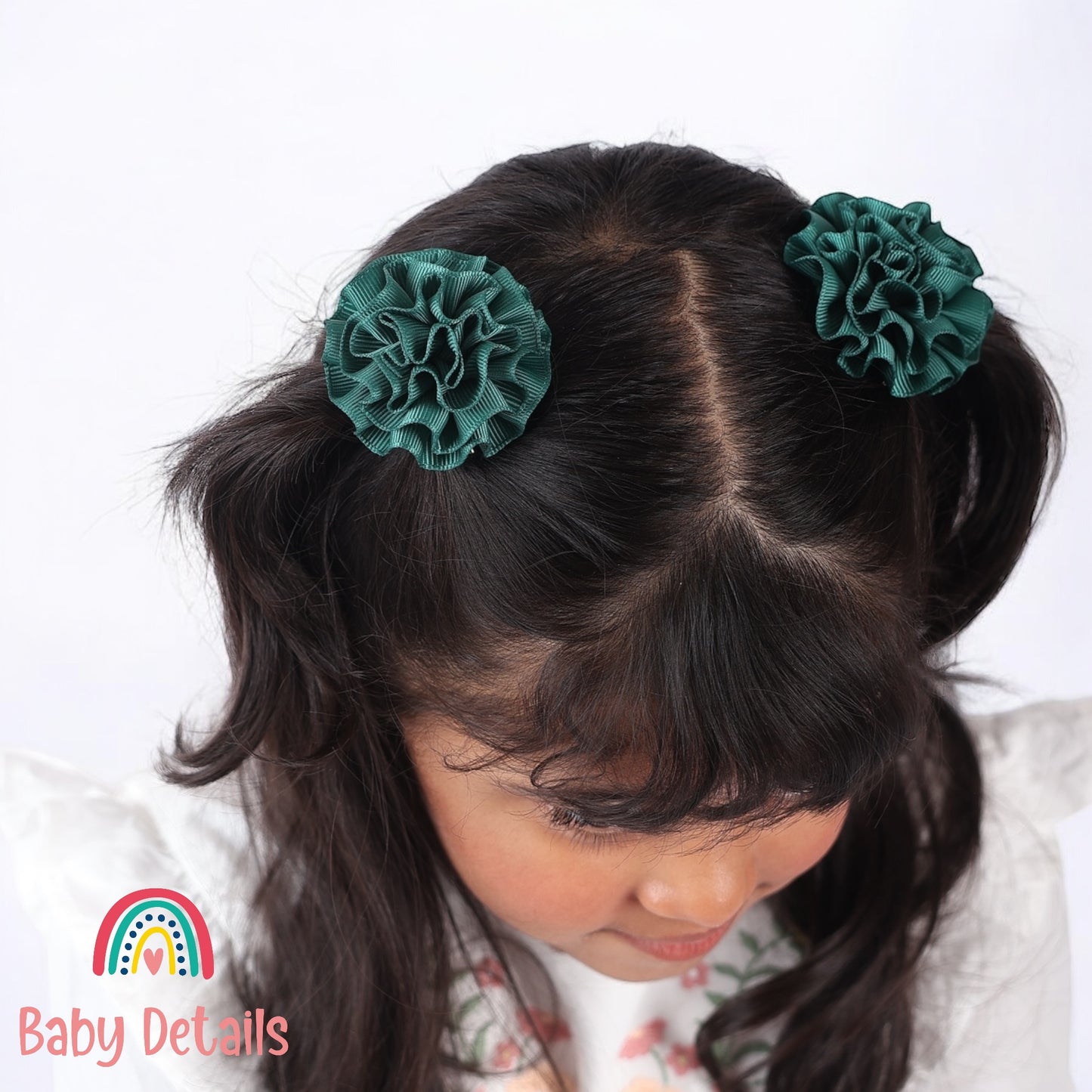 Set of 2 Rosette Bow Hair Clips - Dark Green
