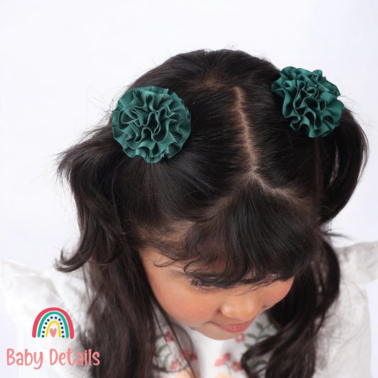 Set of 2 Rosette Bow Hair Clips - Dark Green