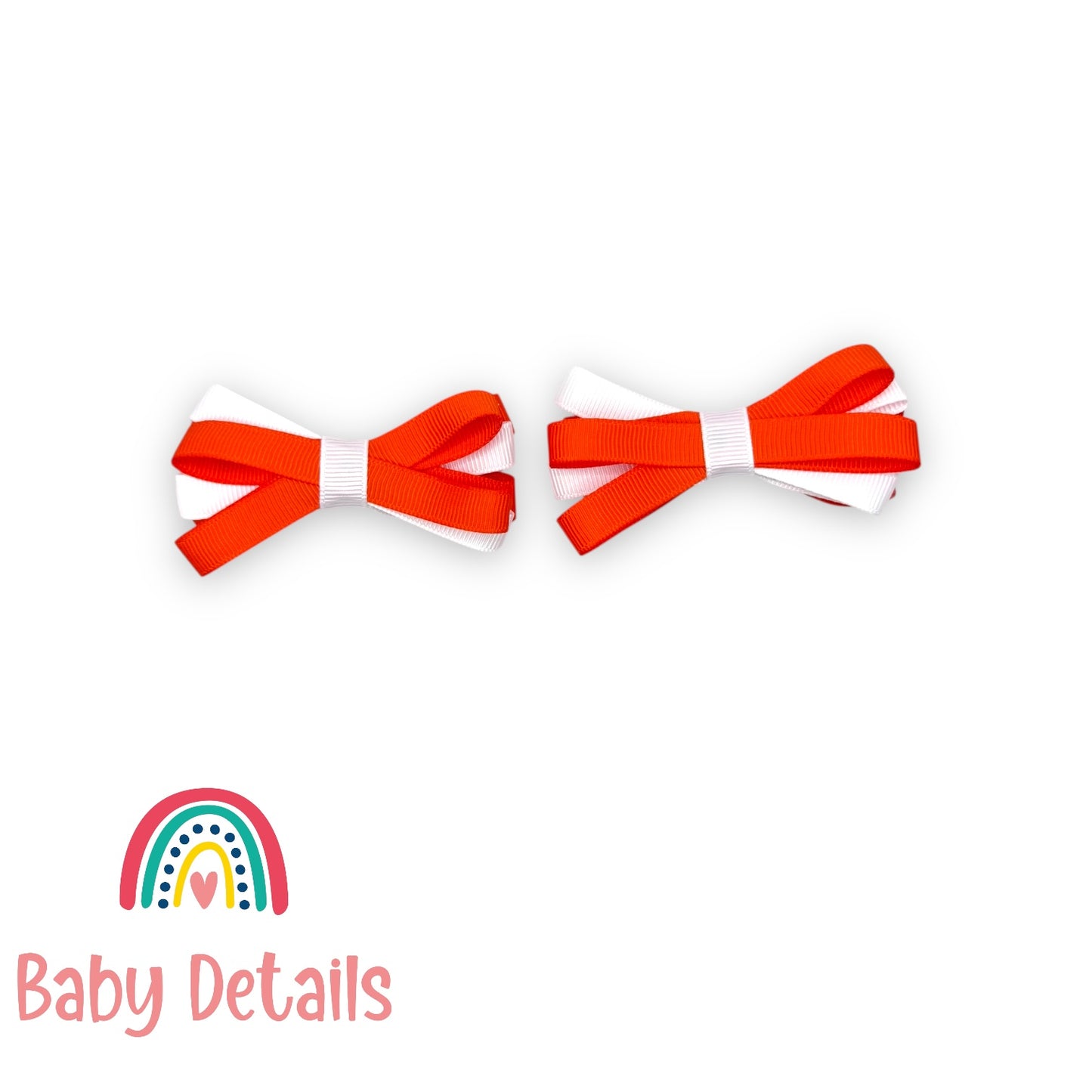 Set of 2 Thin Bow Hair Clips - Orange & White