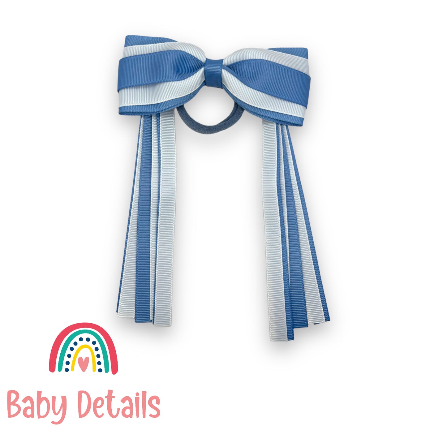 Hair Tie with long ribbons -  Ice Blue & White