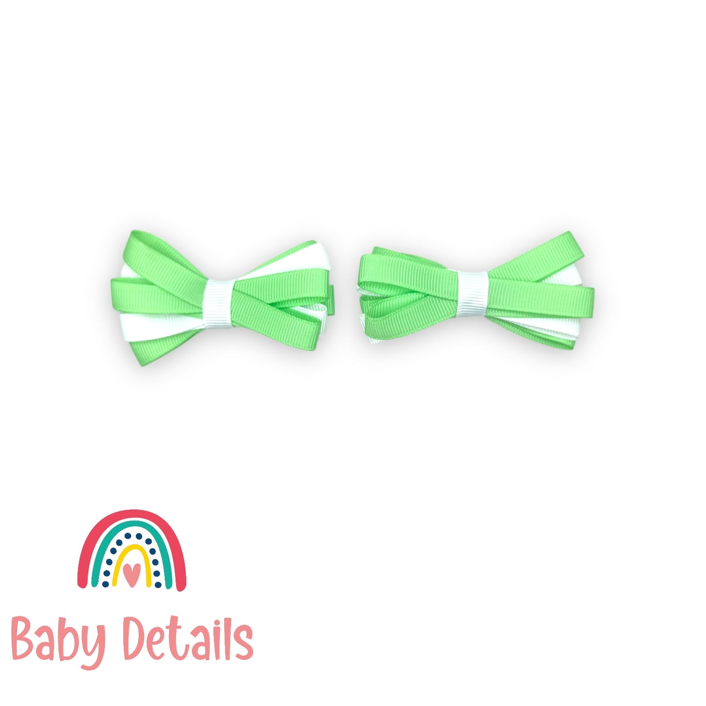 Set of 2 Thin Bow Hair Clips - Bright Green & White
