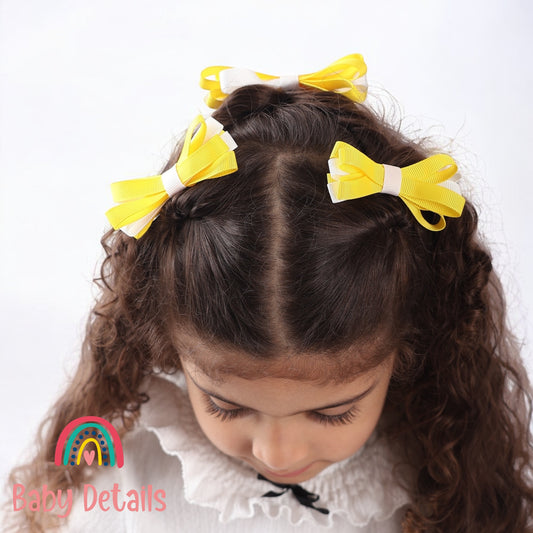 Set of 2 Thin Bow Hair Clips - Yellow & White