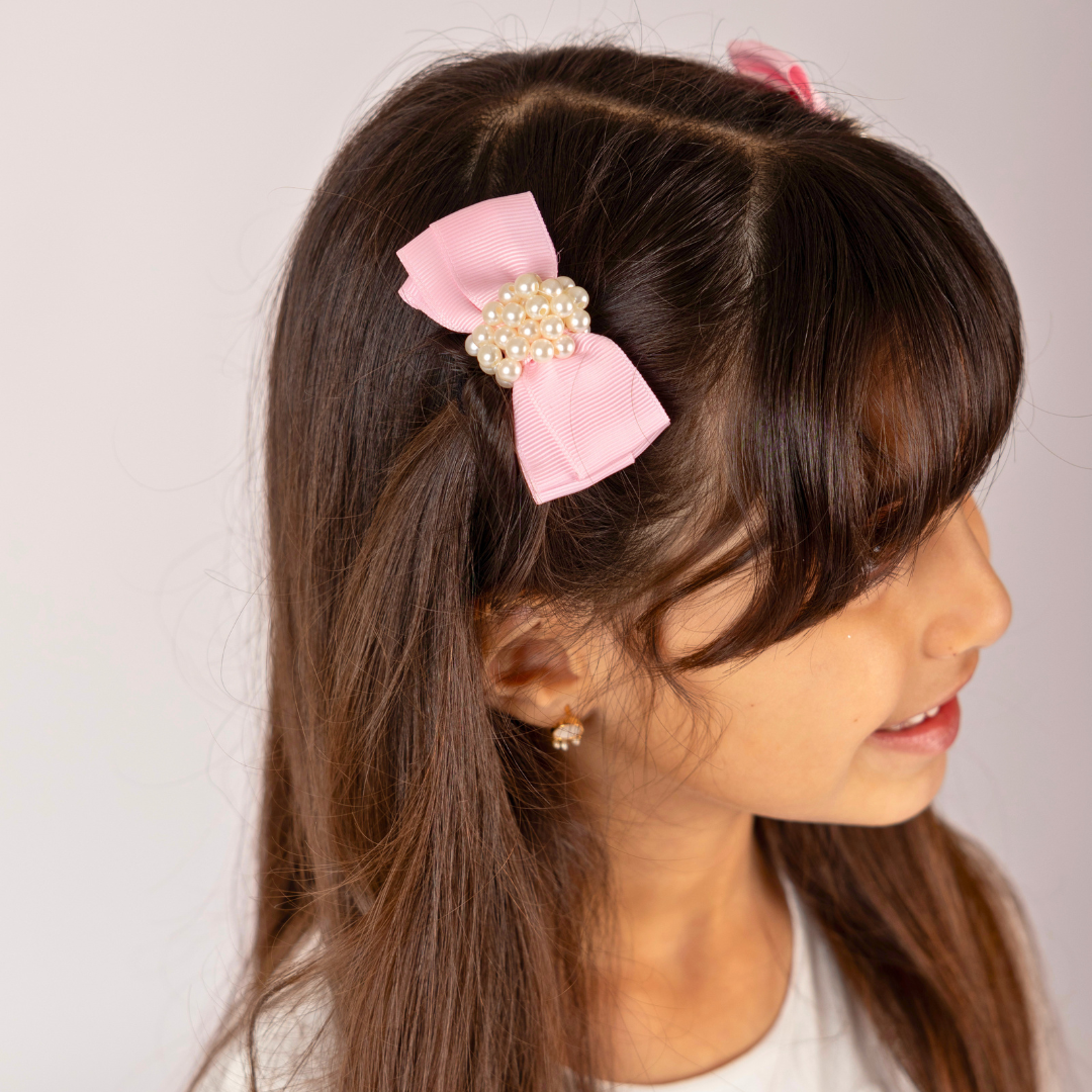 Set of 2 Pearl Ribbon Hair Clip - Light Pink