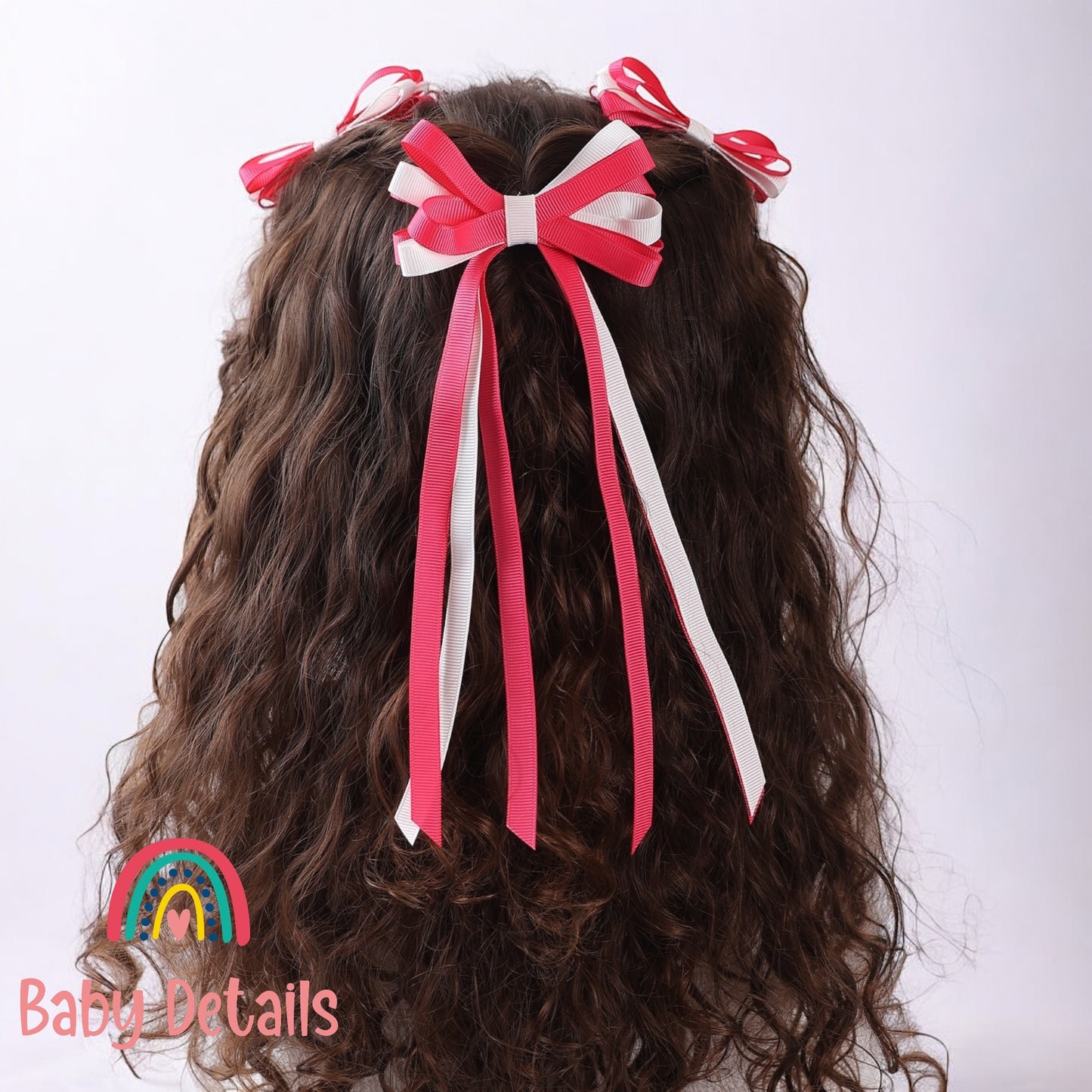 Thin Bow Long Ribbon Hair Clip - Fuchsia & White