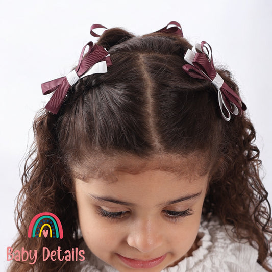 Set of 2 Thin Bow Hair Clips - Burgundy & White