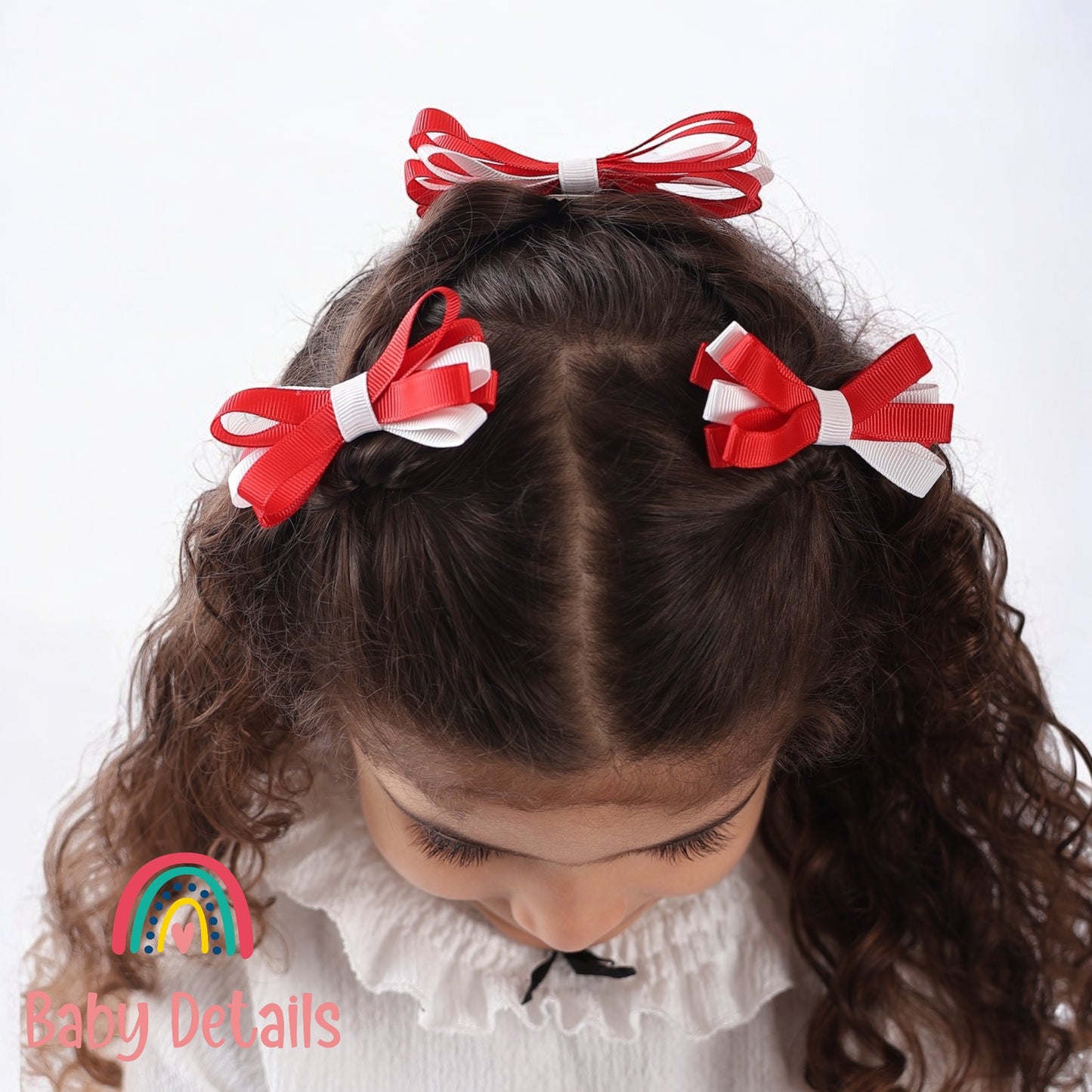Set of 2 Thin Bow Hair Clips - Red & White