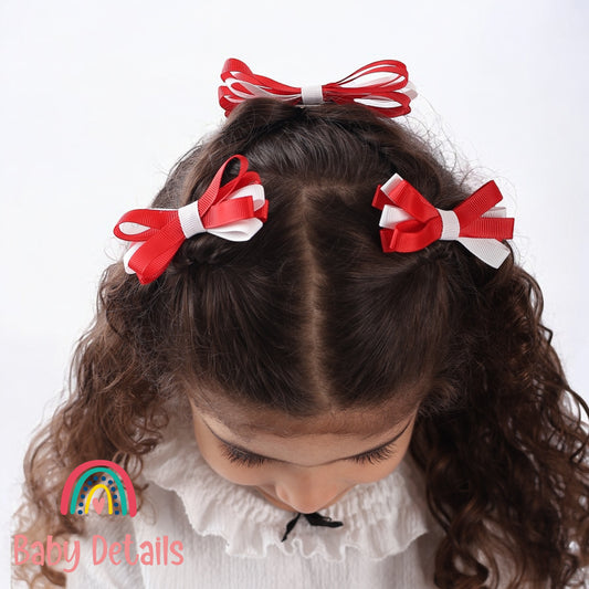 Set of 2 Thin Bow Hair Clips - Red & White