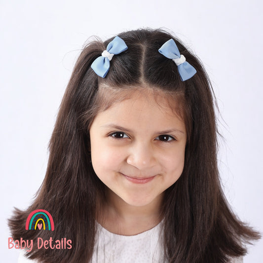 Set of 2 Mini Elegant Bow Hair Clips - Ice Blue & White