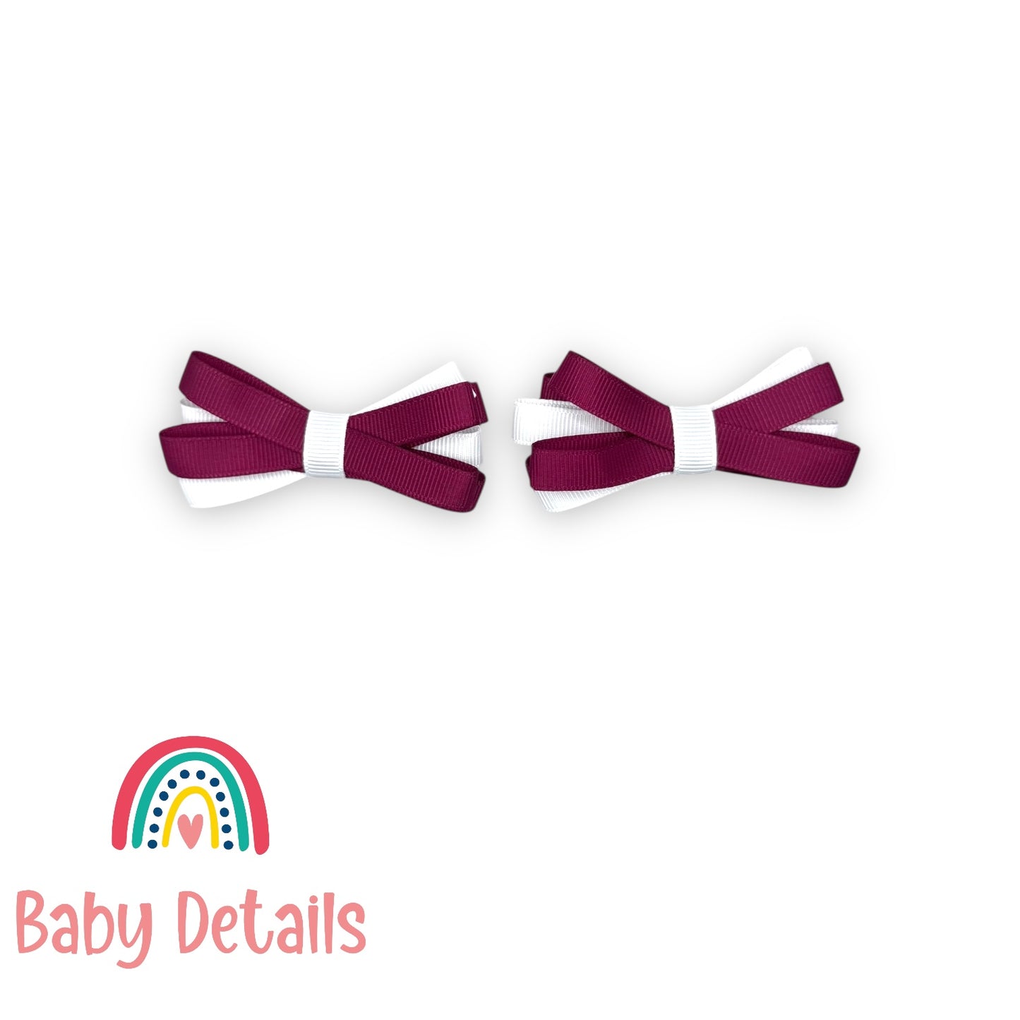 Set of 2 Thin Bow Hair Clips - Maroon & White