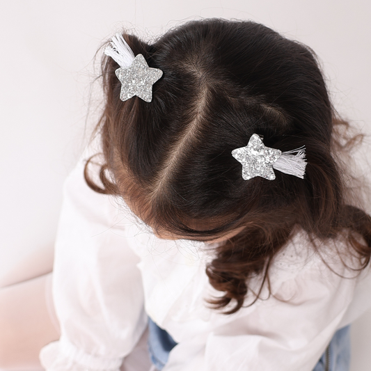 Classic Silver Glitter Star Hair Clips - White threads