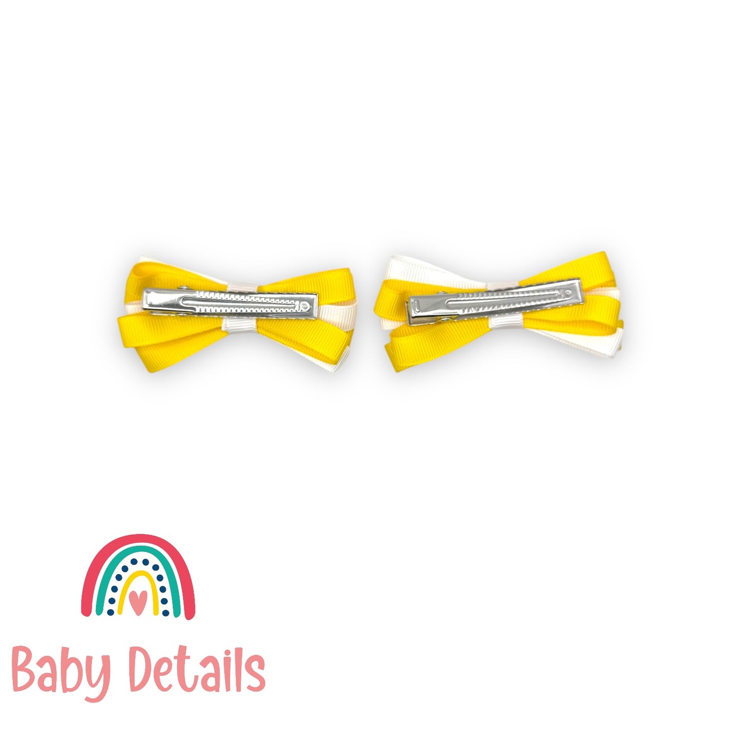 Set of 2 Thin Bow Hair Clips - Yellow & White