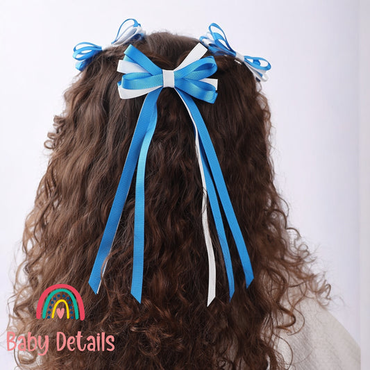 Thin Bow Long Ribbon Hair Clip - Blue & White
