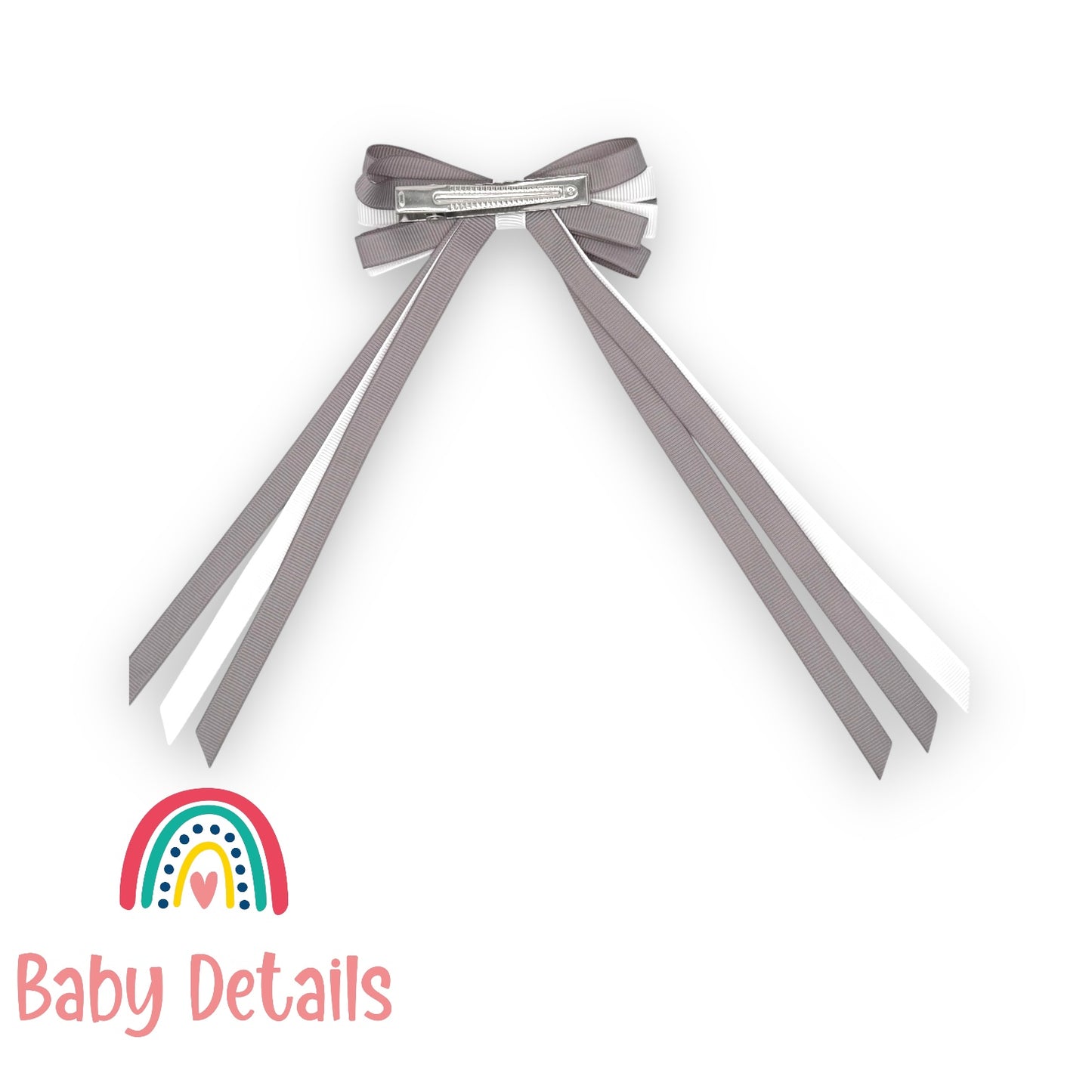 Thin Bow Long Ribbon Hair Clip - Light Grey & White