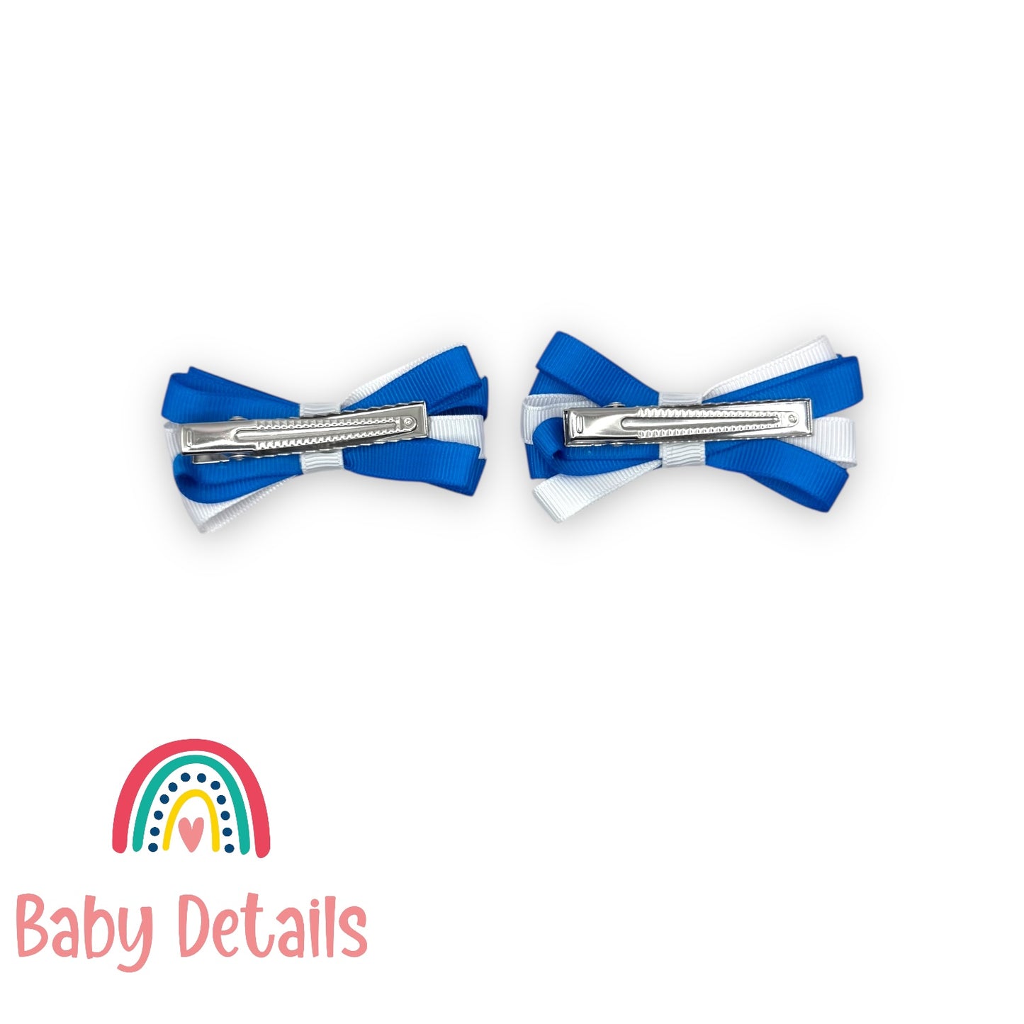 Set of 2 Thin Bow Hair Clips - Blue & White