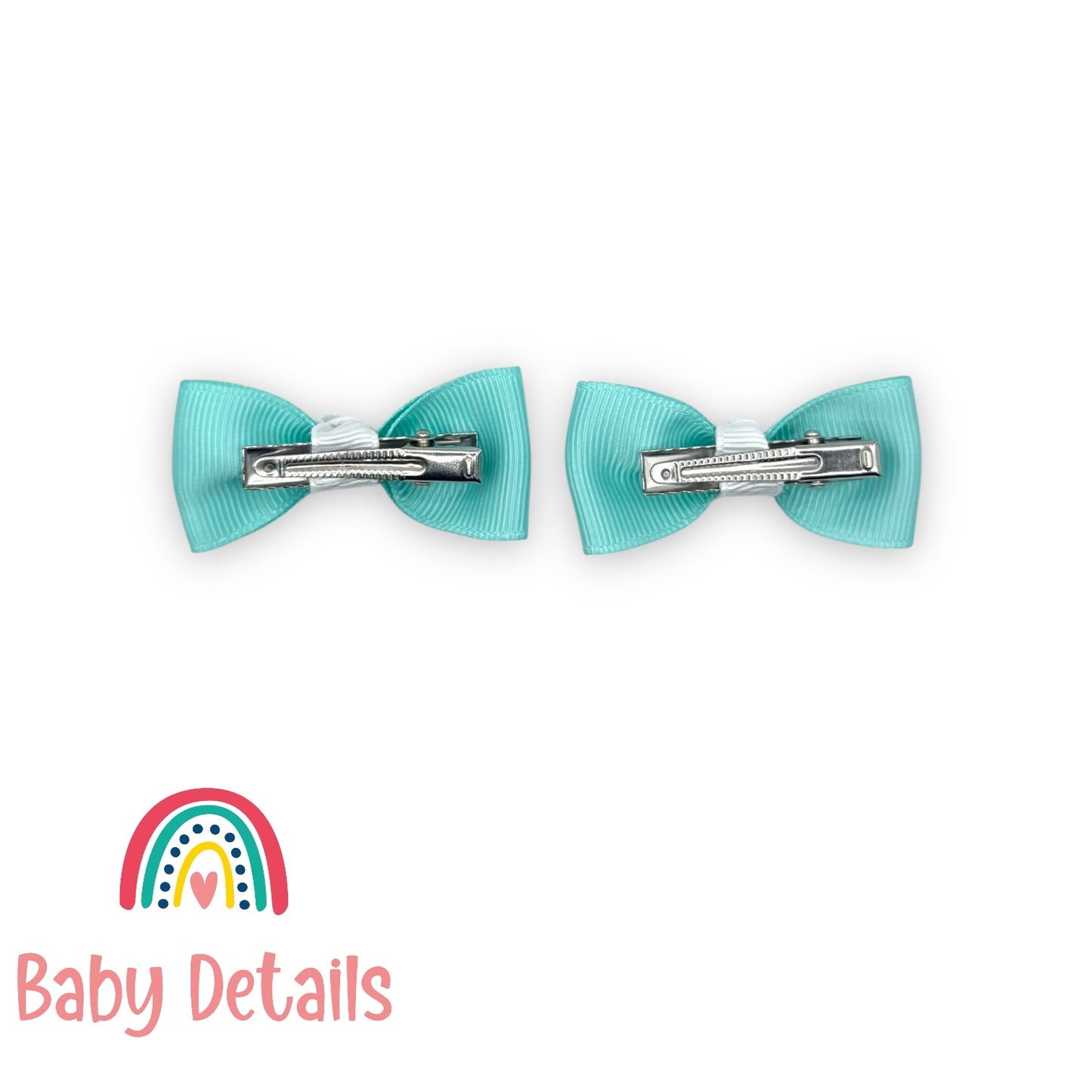 Set of 2 Mini Elegant Bow Hair Clips - Aqua Green & White