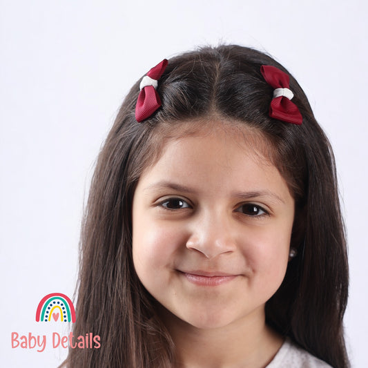 Set of 2 Mini Elegant Bow Hair Clips - Maroon & White