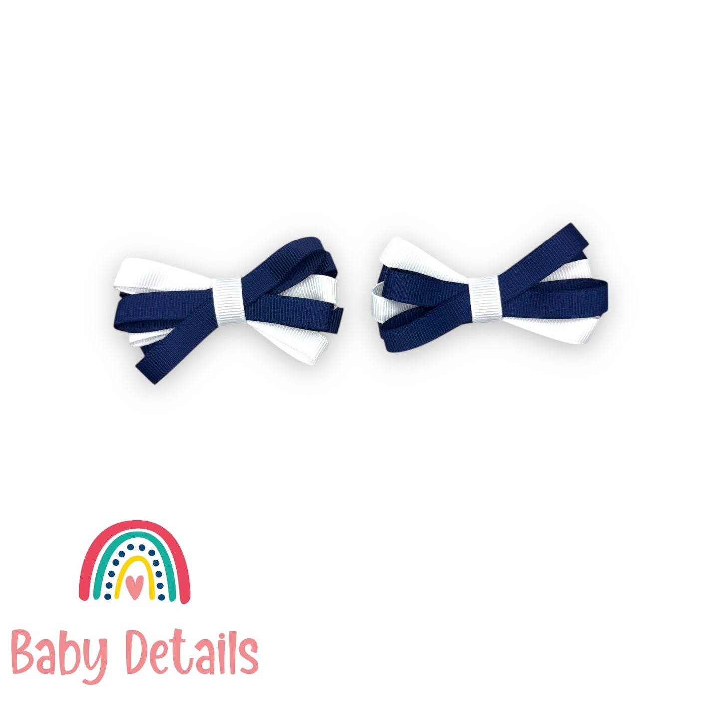 Set of 2 Thin Bow Hair Clips - Navy Blue & White
