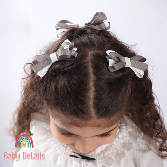 Set of 2 Thin Bow Hair Clips - Dark Grey & White
