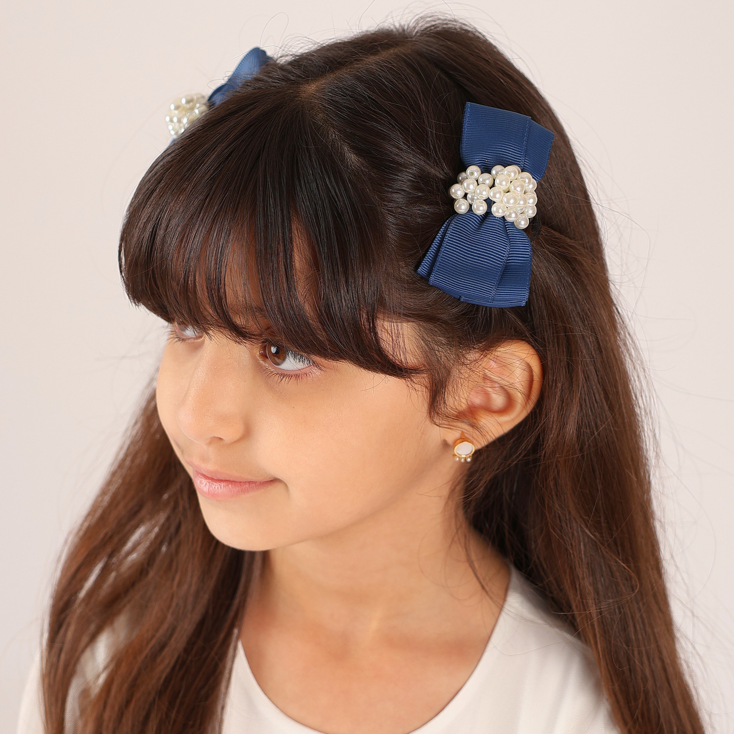 Set of 2 Pearl Ribbon Hair Clip - Navy Blue