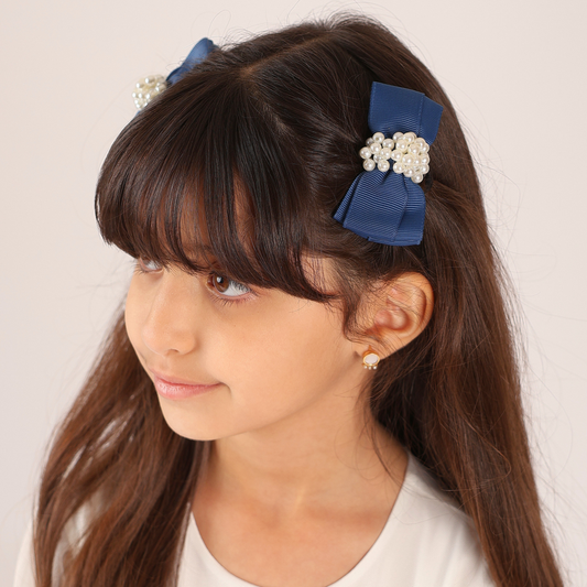 Set of 2 Pearl Ribbon Hair Clip - Navy Blue