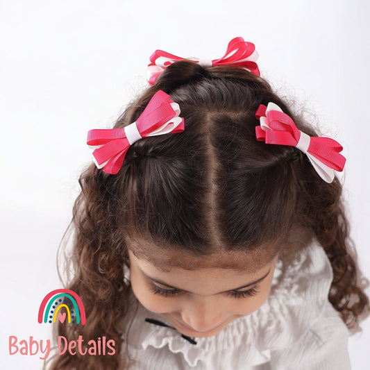 Set of 2 Thin Bow Hair Clips - Fuchsia & White