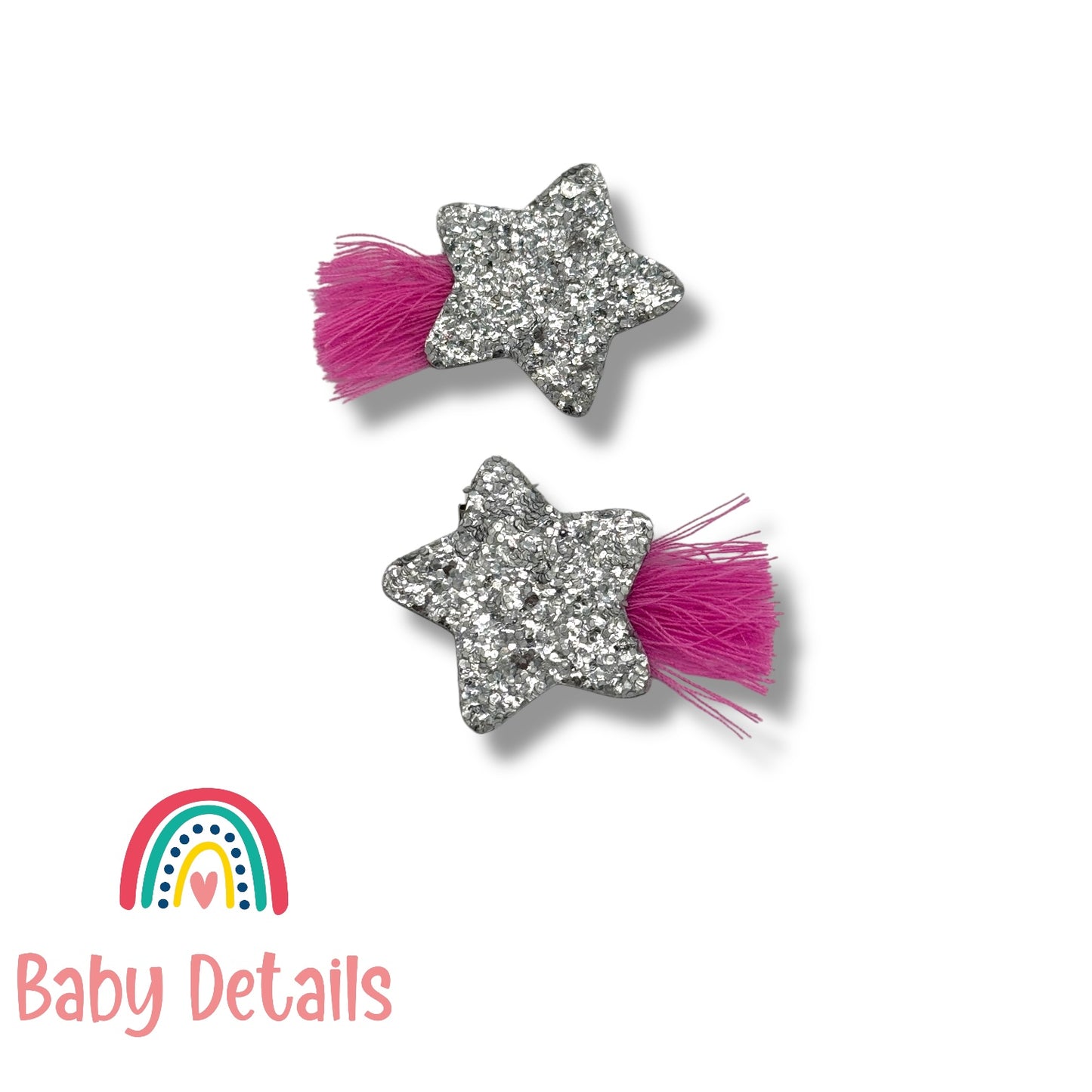 Classic Silver Glitter Star Hair Clips - Pink threads