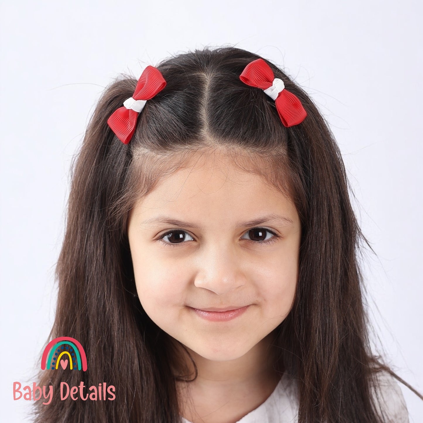 Set of 2 Mini Elegant Bow Hair Clips - Red & White