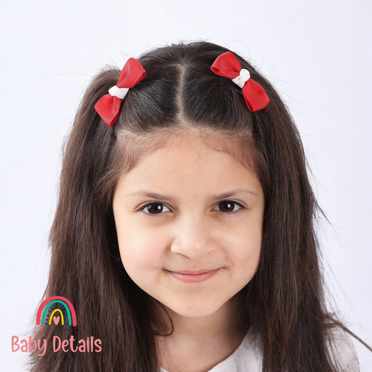 Set of 2 Mini Elegant Bow Hair Clips - Red & White