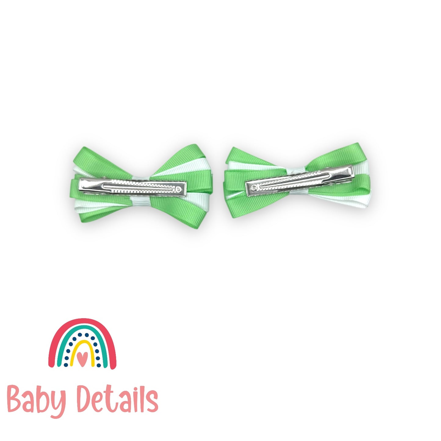 Set of 2 Thin Bow Hair Clips - Bright Green & White