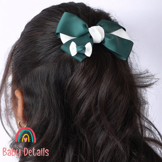 Elegant Pair Bow Clip- Deep Green & White