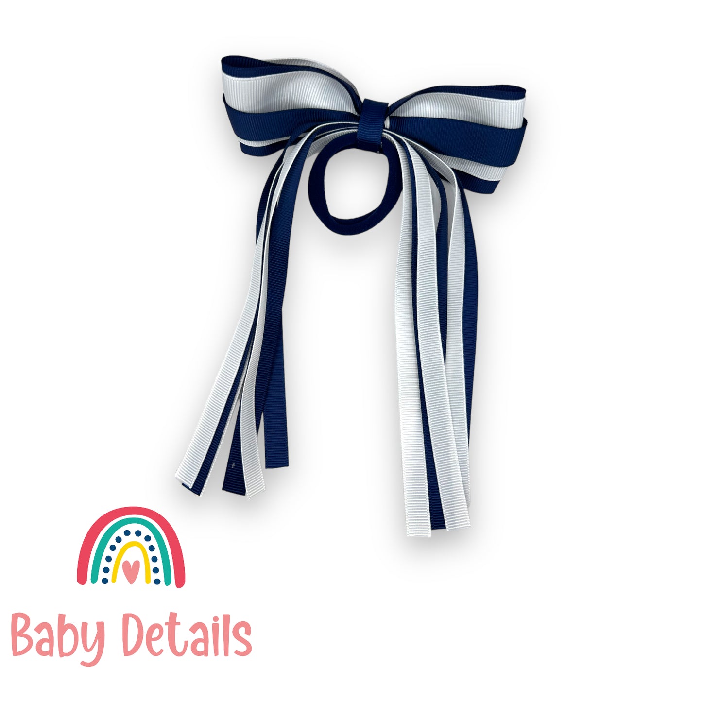 Hair Tie with long ribbons -  Navy Blue & White