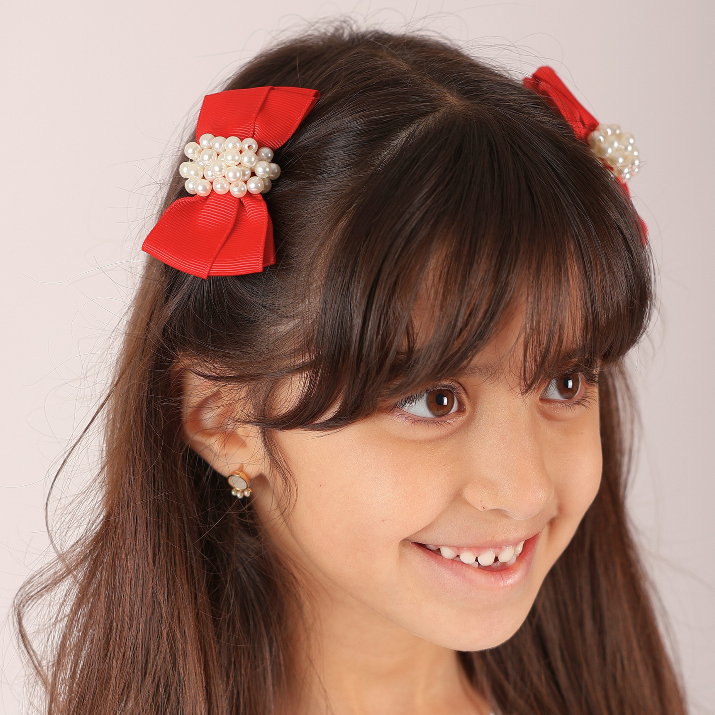 Set of 2 Pearl Ribbon Hair Clip - Red