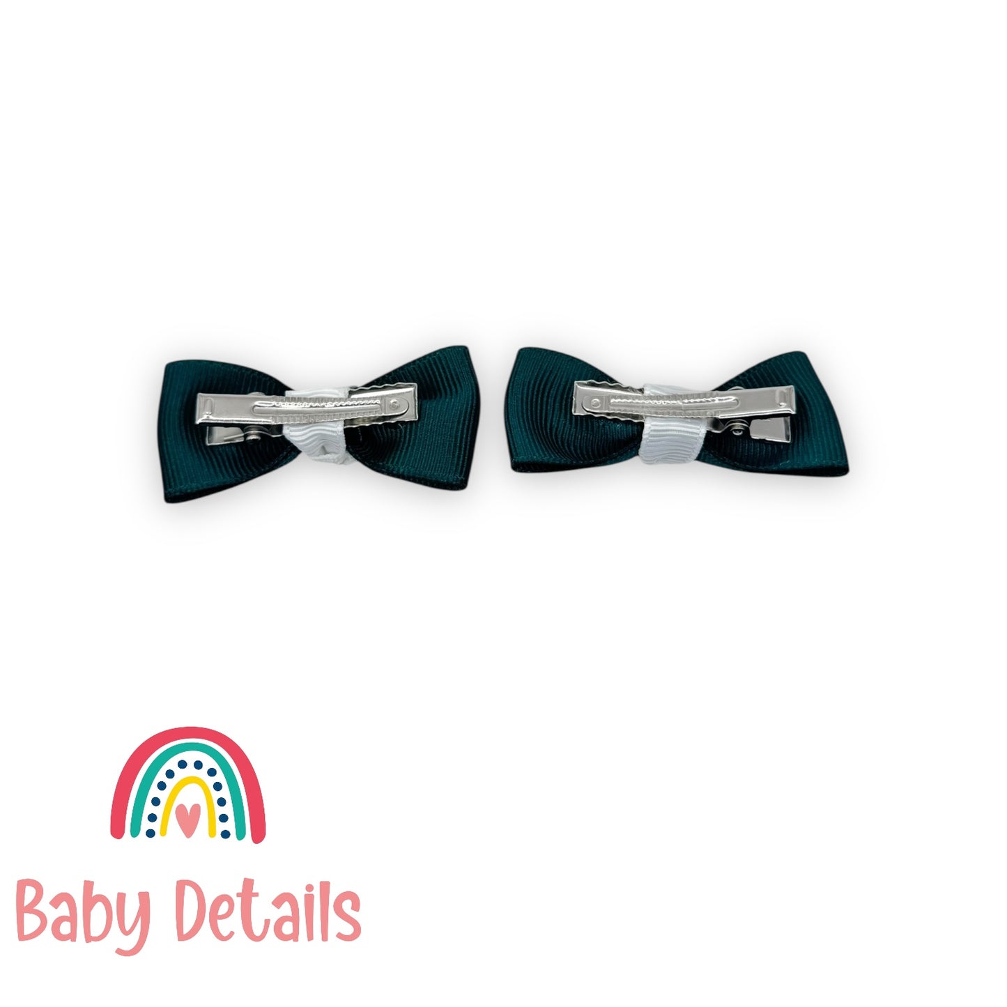 Set of 2 Mini Elegant Bow Hair Clips - Deep Green & White