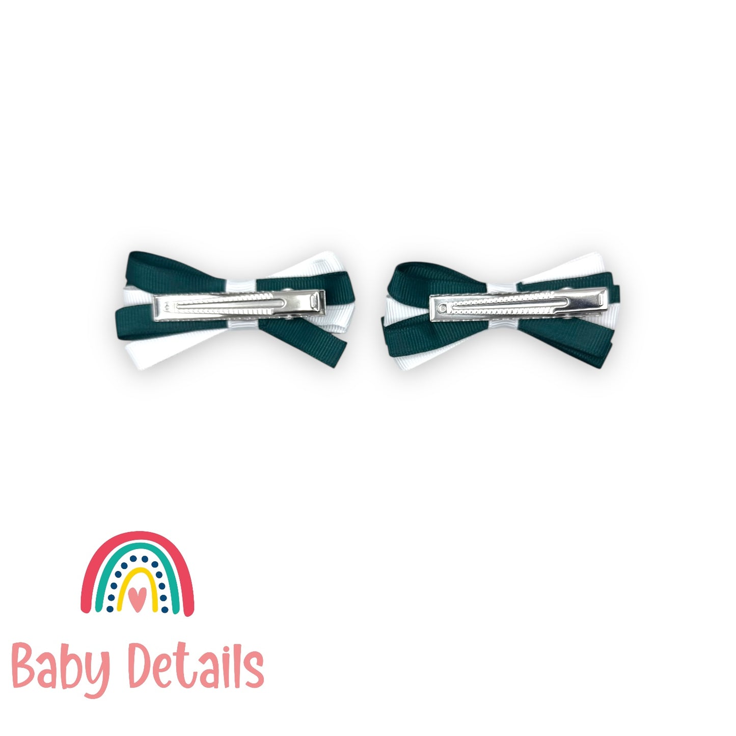Set of 2 Thin Bow Hair Clips - Deep Green & White