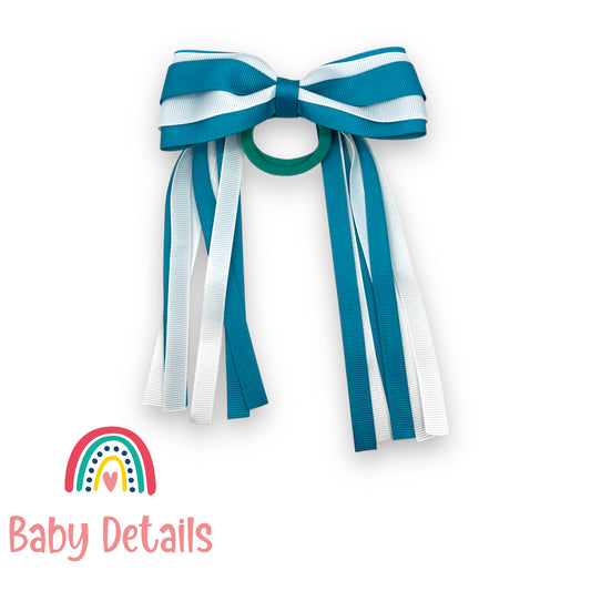 Hair Tie with long ribbons -  Pacific Blue & White