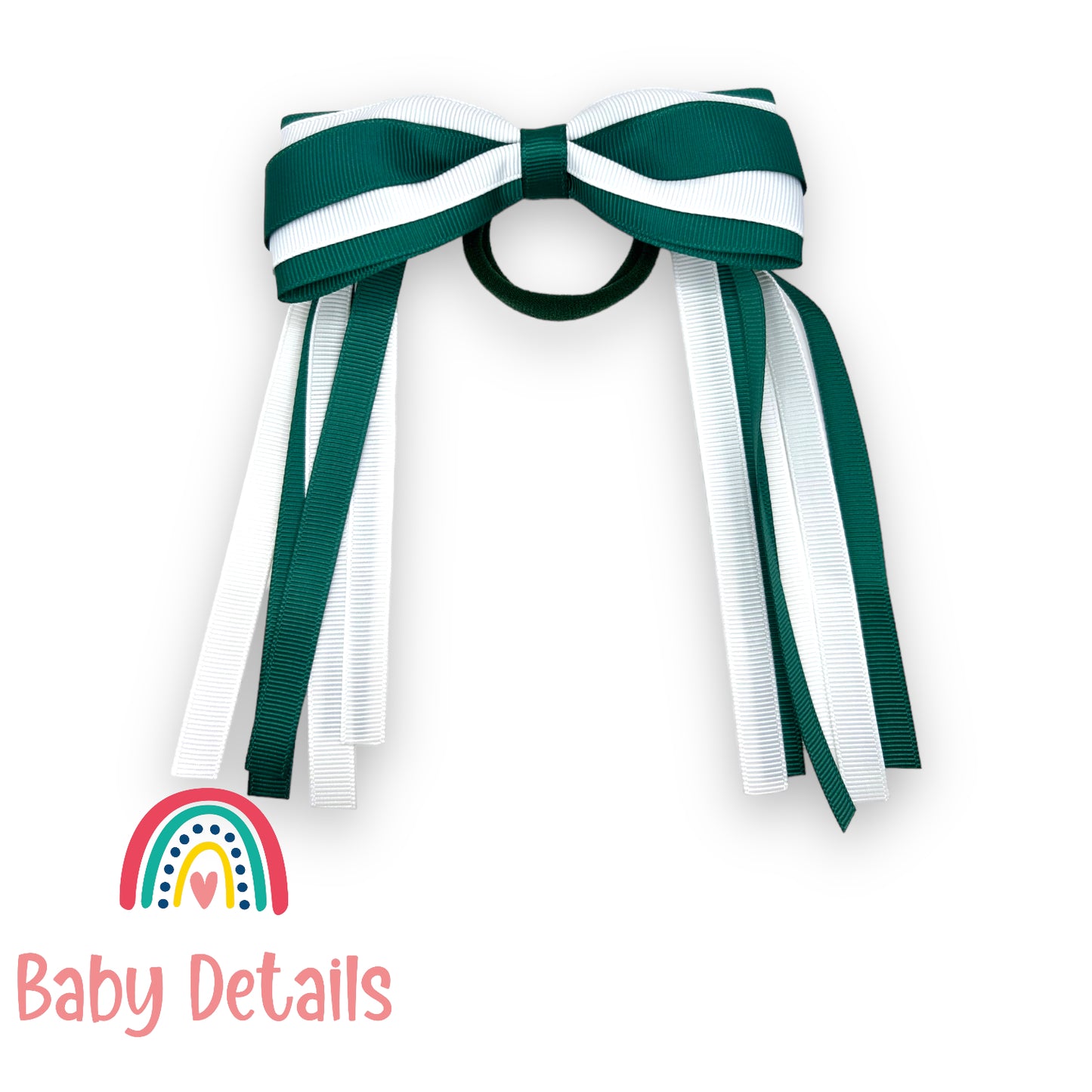 Hair Tie with long ribbons - Dark Green & White