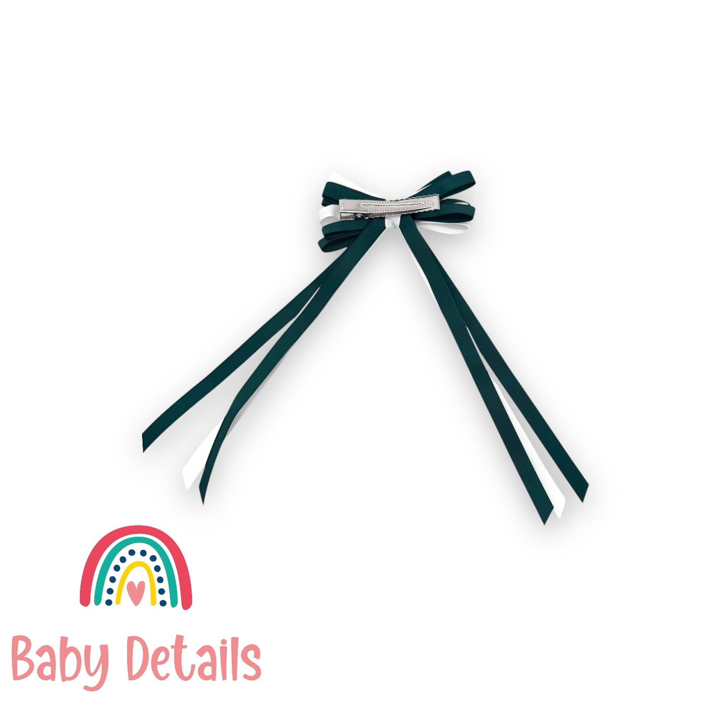 Thin Bow Long Ribbon Hair Clip - Deep Green & White