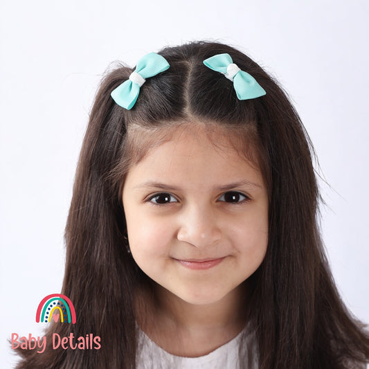 Set of 2 Mini Elegant Bow Hair Clips - Aqua Green & White