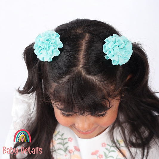 Set of 2 Rosette Bow Hair Clips - Aqua Green