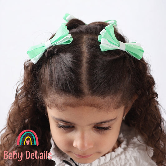Set of 2 Thin Bow Hair Clips - Bright Green & White