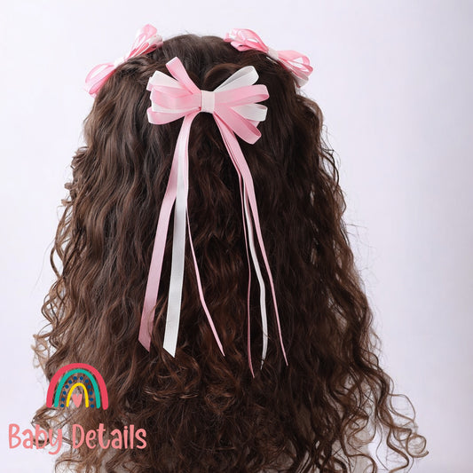 Thin Bow Long Ribbon Hair Clip - Light Pink & White