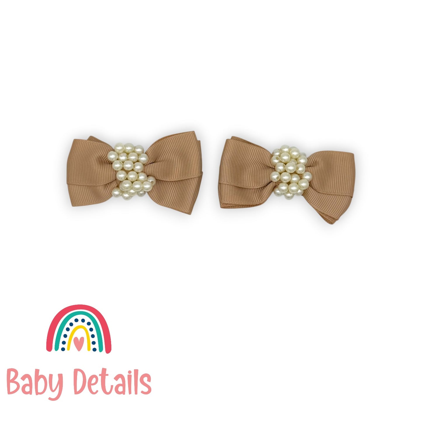 Set of 2 Pearl Ribbon Hair Clip - Beige