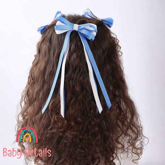 Thin Bow Long Ribbon Hair Clip - Sky Blue & White