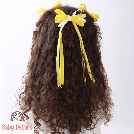Thin Bow Long Ribbon Hair Clip - Yellow & White