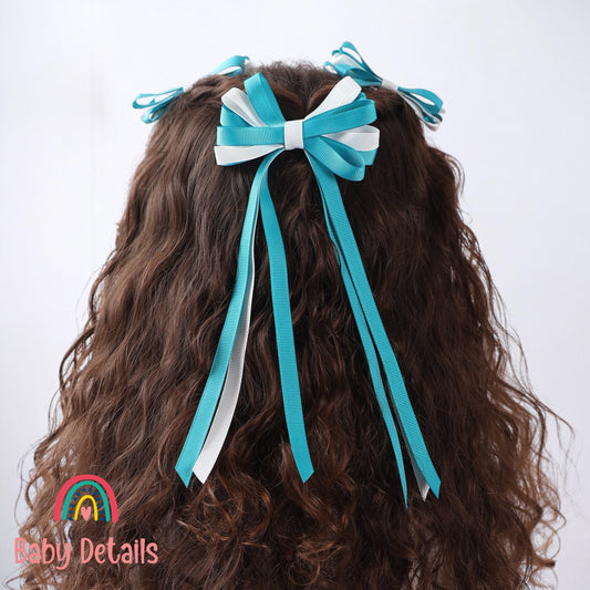 Thin Bow Long Ribbon Hair Clip - Pacific Blue & White