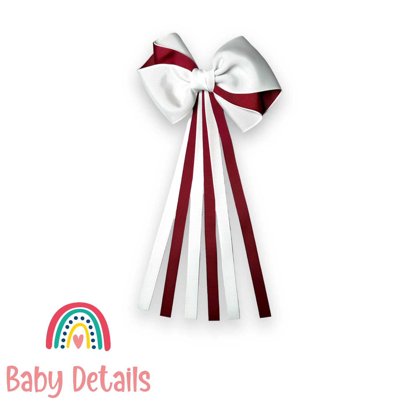 Curved bow with long ribbons hair clip - Maroon & White