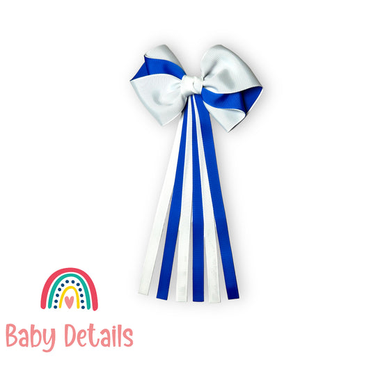 Curved bow with long ribbons hair clip - Royal Blue & White